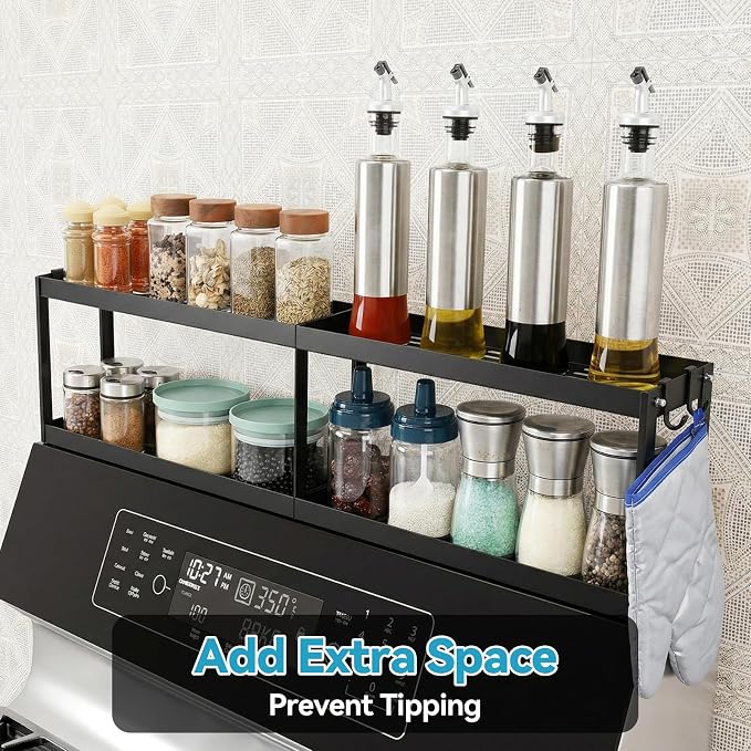 OTraki 2 Tier Strong Magnetic Oven Shelf 30 Inch Length Spice Rack Over The Stove Shelf with 2 Anti-Slip Mats Seasoning & 4 Hooks Kitchen Spice Storage Organizer Black | Over The Stove Shelf with 2 Anti-Slip Mats Seasoning & 4 Hooks Kitchen Spice Stora...