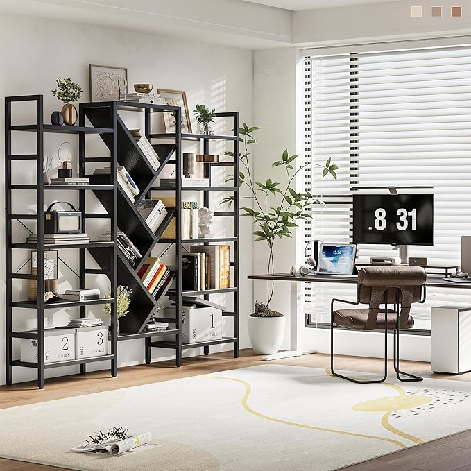 INNOD 70x70” Triple 5 Tier Book Shelf, Large Wooden Bookcase with 17 Open Display Shelf, Modern Tree Bookshelf Metal Frame Tall Book Case Furniture for Living Room Bedroom Home Office Black