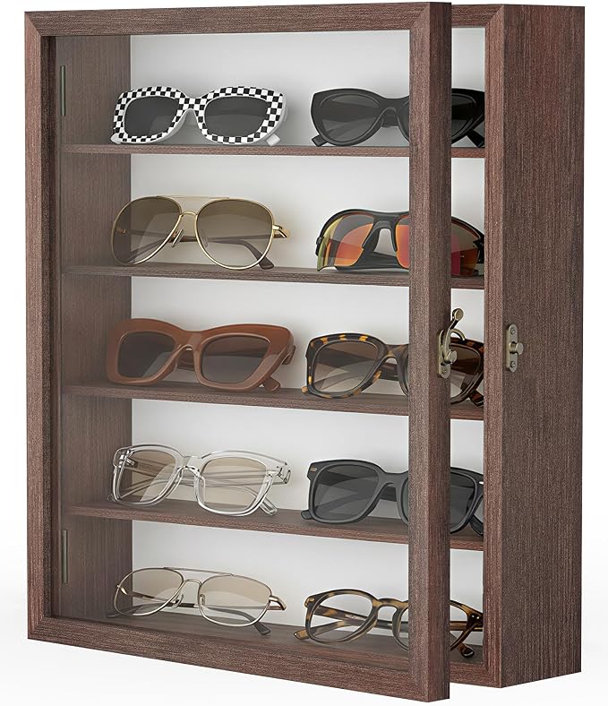 TJ.MOREE Sunglass Organizer Wall Mounted Glasses Holder Display Case 5 Tier | 13 x 15 inches Wooden Storage Box for Multiple Pairs Eyeglasses Sports Sunglasses