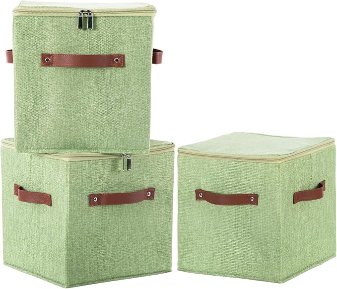 11inch Storage Boxes Cubes with Zipper Lid Collapsible Fabric Lidded Storage Bins Baskets PU Leather Handle Cotton Linen Decorative Shelf Closet Organizer Container (Green, 3PCS)