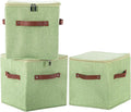 11inch Storage Boxes Cubes with Zipper Lid Collapsible Fabric Lidded Storage Bins Baskets PU Leather Handle Cotton Linen Decorative Shelf Closet Organizer Container (Green, 3PCS)