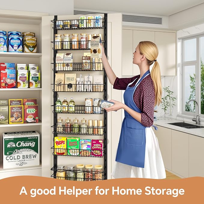 MIAOLI Over the Door Pantry Organizer, 10-Tier Adjustable Spice Rack Cabinet Door Shelves, Hanging Seasoning Organizer for Kitchen Bathroom, Laundry Room Organization, Black