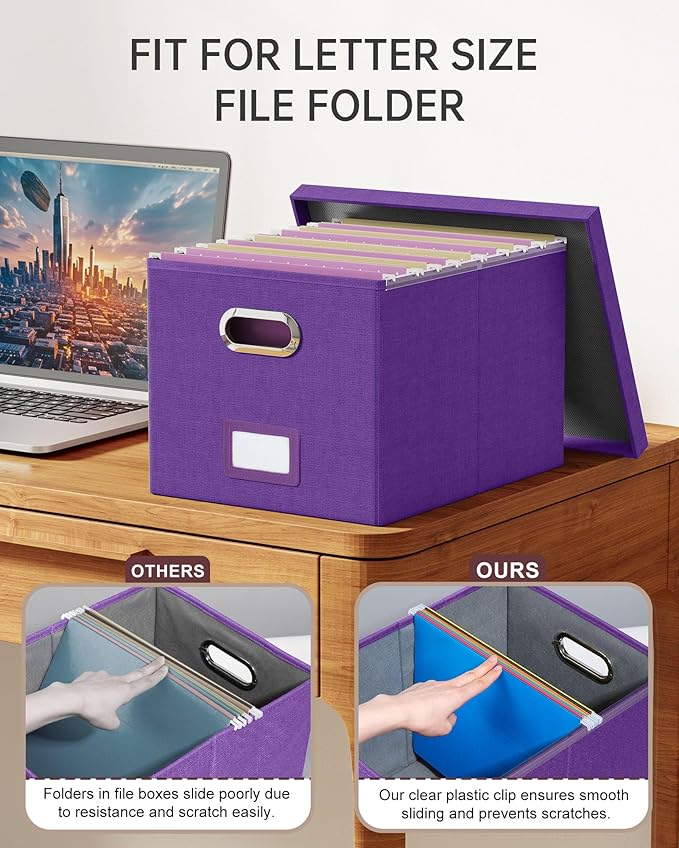 Oterri 2 Pack File Storage Organizer, Filing Box, Portable File Box with Lid, Fit for Letter/Legal File Folder Storage, Document Organizer, Purple