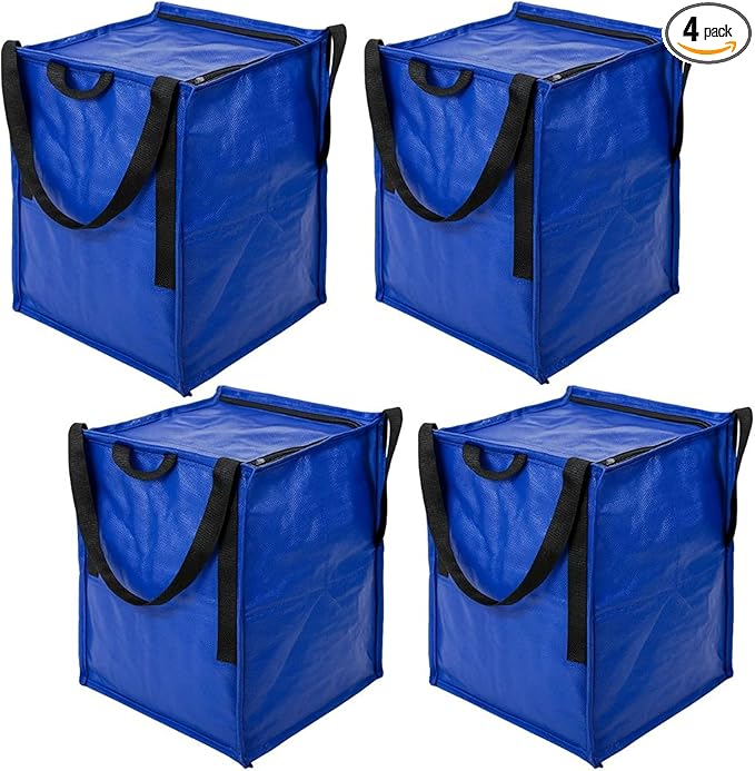 DURASACK Heavy Duty Storage Tote Bag with Zipper Top 22-Gallon Rugged Woven Polypropylene Moving Bag, Reusable Self-Standing Design, Holds up to 500 Pounds, Pack of 4, Blue