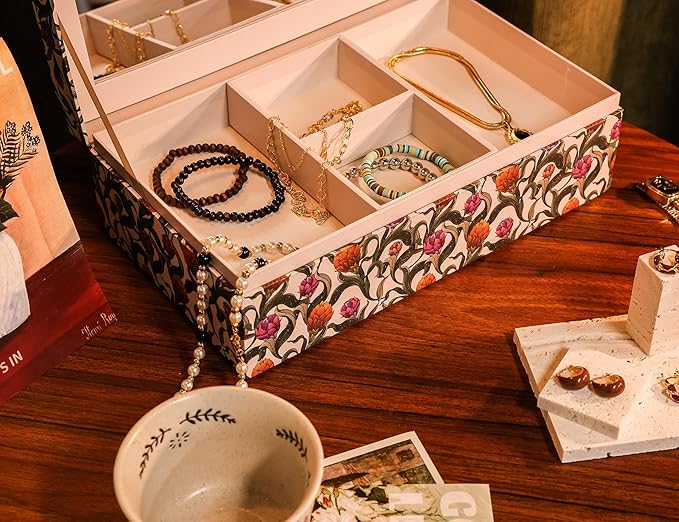 Decorative Storage Box with Mirror Lid, Vintage Botanical Floral, Beige Interior Compartments, Home Decor, Table Decor, Shelf Organizer, Travelling Box