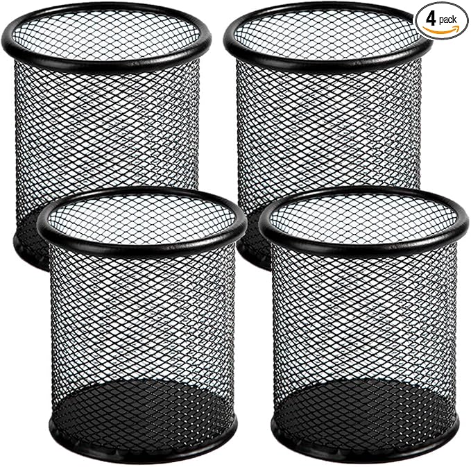 Ameceres 4 Packs Wire Mesh Pencil Holder Metal Pen Cup Desk Pen Organizer Case Pencil Jar Black for Office Home (Black)
