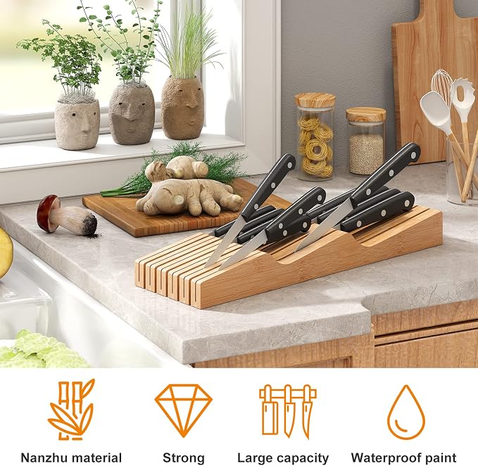 In-Drawer Knife Block Organizer - Bamboo Wood Drawer Knife Organizer-Protecting Knife Organizer Block (Not Included) (Natural, 11 Knives Dock)