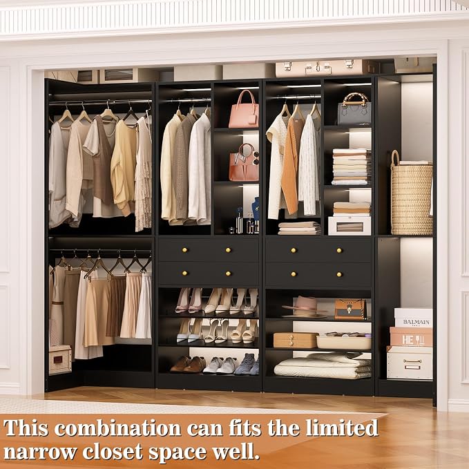 Besiost Closet System with 2 Drawers, 3 Hanging Rods, 59.5" * 31.5" Closet Organizer System with Corner Tower, Reversible L Shaped Walk-in Closet System, Corner Closet System Set of 2, Black