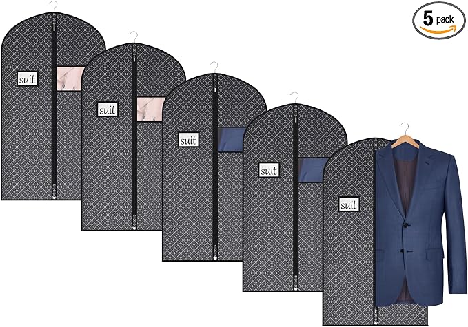 Univivi Suit Bags for Closet Storage and Travel, 40 Inch, 5 Pack, Black | Non-woven fabric, Breathable Suit Cover, Dustproof Hanging Storage Bag, Clear Window and ID Card Holder for Closet Storage