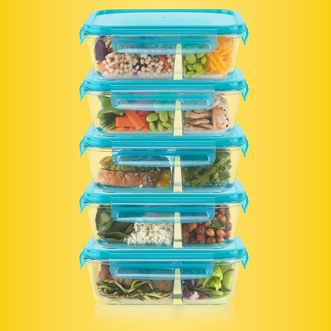 Pyrex Glass Meal Box (5-Pack, 4 Cup) Divided Compartments, Locking Lids | For meal prepping and portioning, BPA-Free, microwave & dishwasher safe