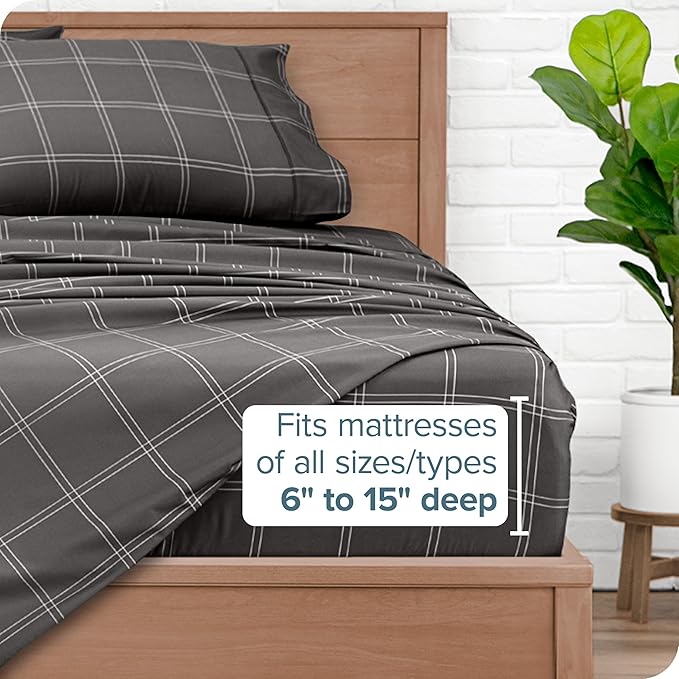 Bare Home Queen Sheet Set - Luxury 1800 Ultra-Soft Microfiber Bed Sheets - Double Brushed - Deep Pockets - Easy Fit - 4 Piece Set - Bed Sheets (Queen, Modern Plaid - Grey/White)