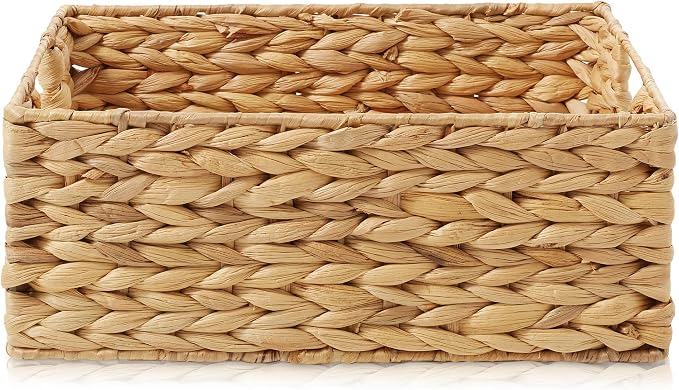 Casafield Set of 2 Water Hyacinth Pantry Baskets, 12-1/2" x 17" x 8", with Chalkboard Labels and Chalk Marker - Natural, Woven Storage Bin Organizers for Kitchen Shelves