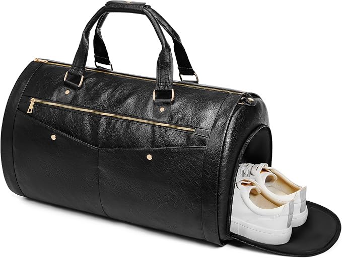 Garment Bag for Travel, Convertible Suit Garment Bag for Men, Stylish Carry On Garment Bag with Shoulder Strap, 2 in 1 Foldable PU Leather Garment Duffle Bag Suit Travel Bag for Men, Black