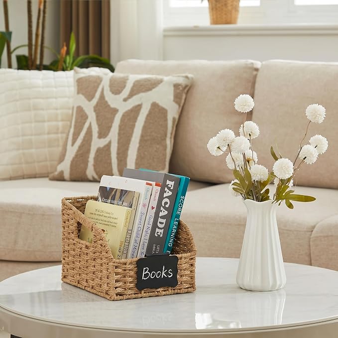 Pantry Organizers, Handwoven Large Wicker Baskets for Shelves & Kitchen, Labeled Storage Baskets for Organizing with Handles - Paper Storage Bins for Shelves, 3 Pack, Natural