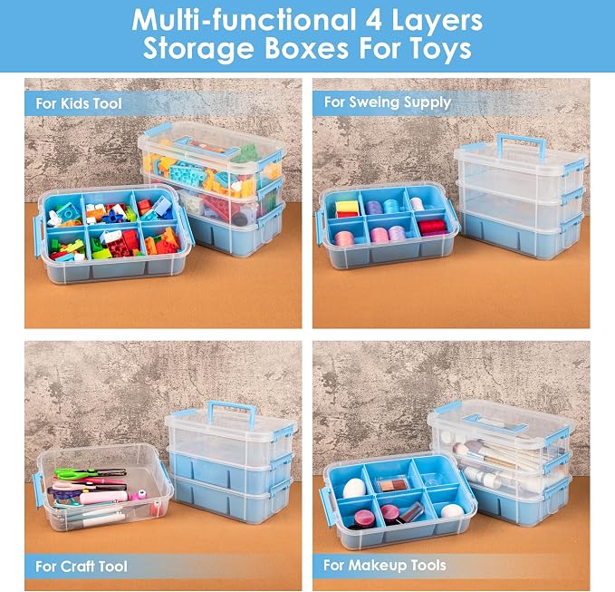 CraftGenes Art Supply Storage Organizer, 4-Tier 10 Qt Box, 2 Trays, Blue | Clear Compartments; Dual Removable Inserts; Carry Handle; Side Latches; Markers, Crayons, Brushes, Beads, Drawing Tools