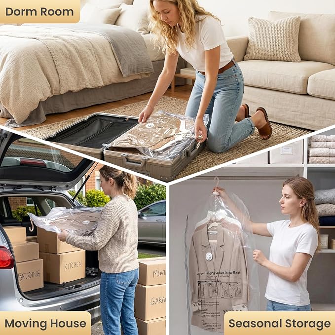 TAILI Hanging Vacuum Storage Bags with Electric Air Pump, Vacuum Seal Bags for Clothing Travel, Space Saving Hangers for Clothes, Coats, Suits and Jackets,Set of 6 (6 Long)