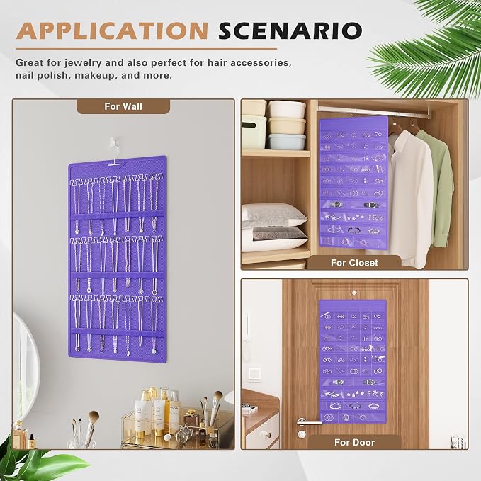 Hanging Jewelry Organizer, Double-Sided Necklaces Holder, Purple | 42 clear pockets organize rings & earrings; 36 wire necklace hooks reduce tangles; top hook hangs in closets, walls or doors.
