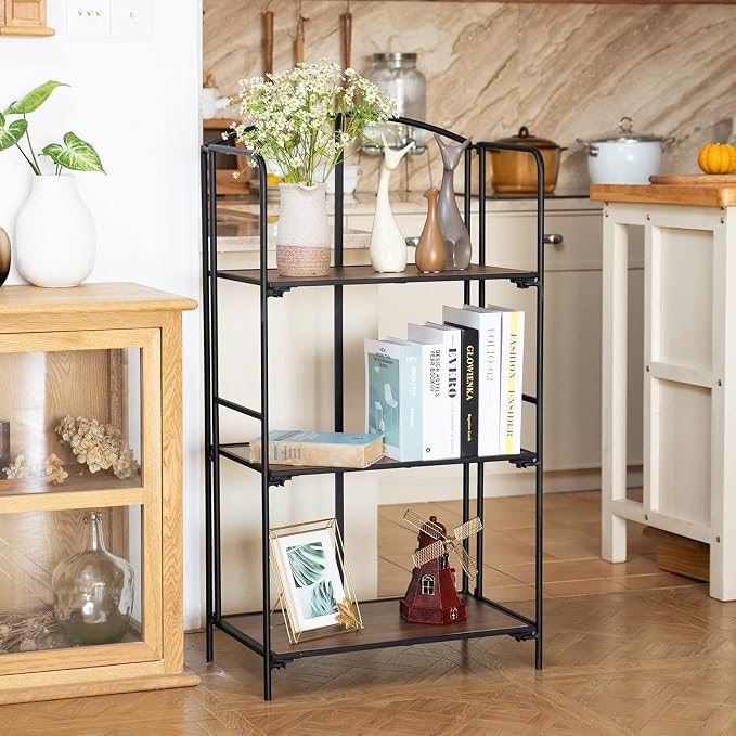 Crofy 3-Tier Foldable Bookshelf, Black Frame & Walnut Shelves | No-Assembly Collapsible Portable Storage Organizer; Sturdy Walnut Finish Shelves; Ideal for Living Room & Home Office