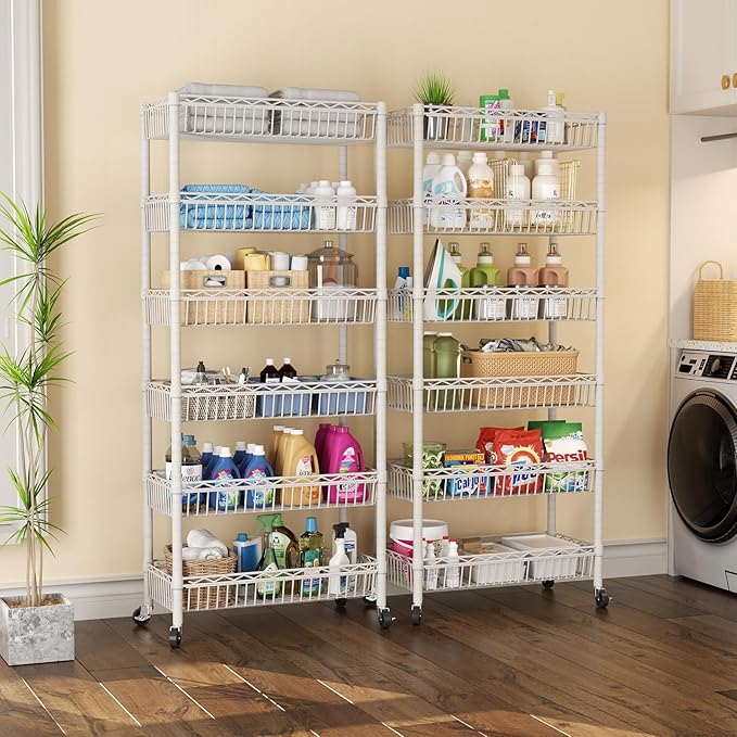 SINGAYE 6 Tier Shelf Wire Shelving Adjustable Storage Shelves Basket Rack | Adjustable Shelves with Wheels Metal Storage Unit Closet Bathroom Organizers Pantry Kitchen Garage Laundry Room White