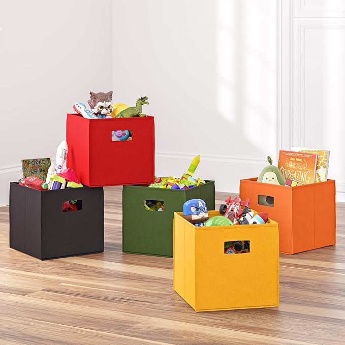 RiverRidge Folding Storage Bins - 2-pack of 10in Tall Black Cubes | Fabric Bins, Set of 2 Storage Cubes, Cut-out Handles, Playroom Closet Organizer, Collapsible Cubby with Bottom Board Insert