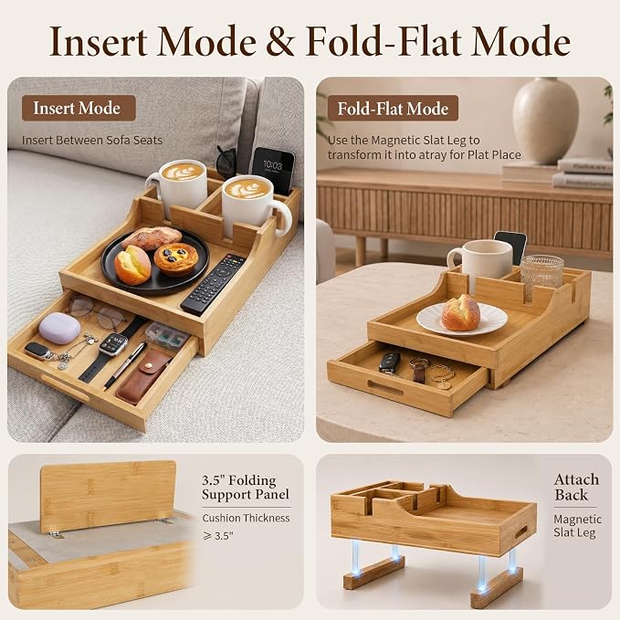 2 in1 Couch Tray with Cup Holders and Drawer Storage | Bamboo Sofa Tray Table ,Sofa Organizer Insert Between Cushion/Flat Use,Couch Caddy for Drink,Snack,Living Room Accessories