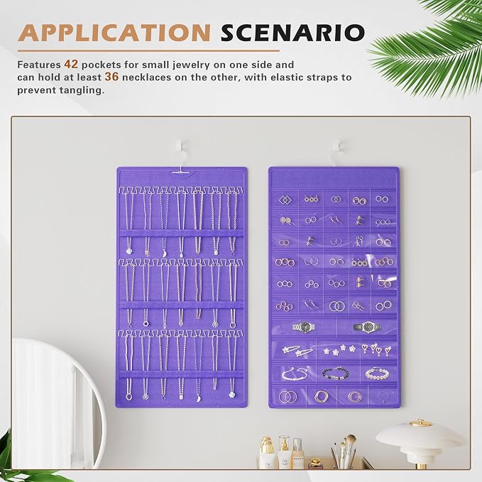 Hanging Jewelry Organizer, Double-Sided Necklaces Holder, Purple | 42 clear pockets organize rings & earrings; 36 wire necklace hooks reduce tangles; top hook hangs in closets, walls or doors.