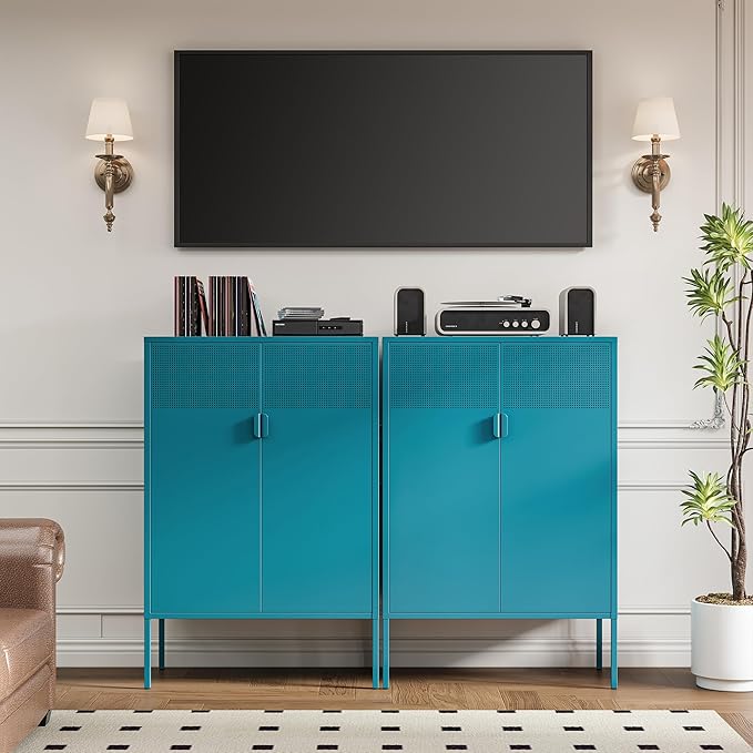 Ustamio Blue Metal Storage Cabinet - 3 Tier Steel Office Storage Cabinet with Doors and Shelves for Home, Office and Kitchen