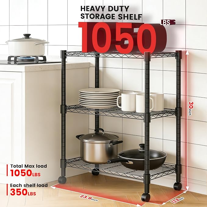 Xcity Storage Shelves, 3 Tier Heavy Duty Metal Shelving Unit with Wheels, 1050 LBS Adjustable Steel Wire Shelf for Commercial, Pantry, Kitchen, Garage, 14" D x 24" W x 30" H, Black