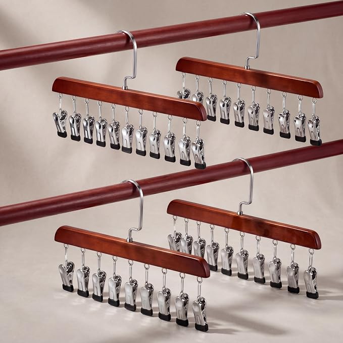 Novabright 4 Pcs Closet Organizer with 10 Clips Wooden Hat Rack for Closet, Space-Saving Hanging Organizer, Multipurpose Storage Display Accessory for Beanies, Ties, and Socks (Brown)