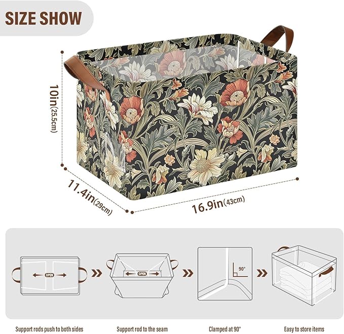 Cottagecore Sage Green Floral Green Black Storage Bins for Shelves with Labels&Handles Fabric Organizer Bin Foldable Storage Basket Boxes for Closet, Bathroom, Home, Living Room, 2 Pack