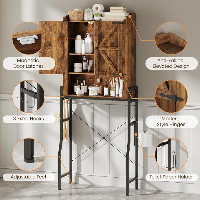 Memobarco Over The Toilet Storage Cabinet with Metal Stand, Rustic Brown | Toilet Paper Holder, 3 Extra Hooks, Anti-Tipping Device, With Adjustable Shelves, for Bathroom, Restroom, Laundry