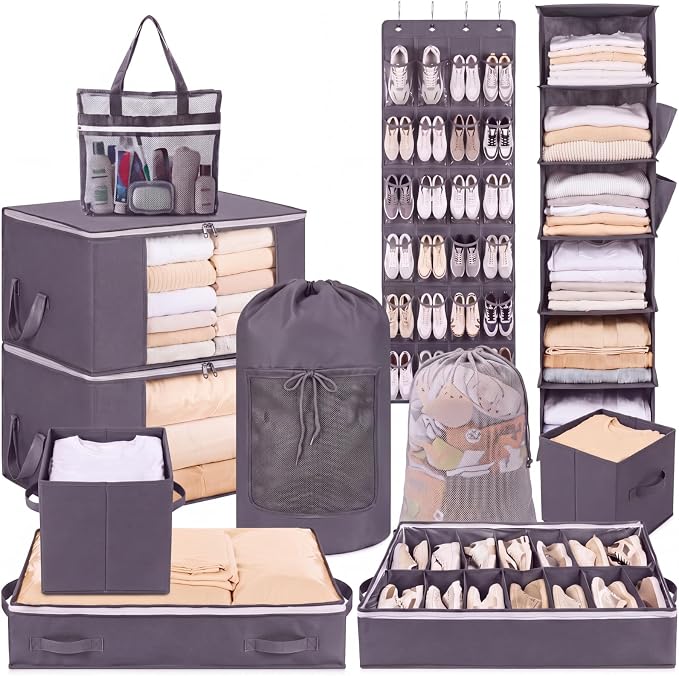 Briwooody 11 Pcs College Dorm Storage Set, Dorm Organizer Kit with Closet Organizer, Over Door Shoe Rack, Under Bed Storage Bags, Laundry Backpack, Shower Caddy, Collapsible Bins(Gray)