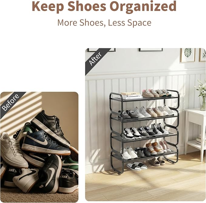4Tier Shoe Rack - Expandable Shoe Organizer for Closet, Adjustable Metal Shoe Shelf Storage, Stackable Long Shoe Stand Holder for Garage, Entryway, Door Entrance