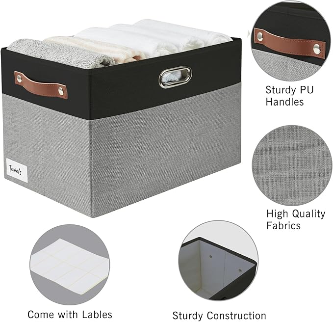 Bagnizer Large Collapsible Fabric Storage Bins with 3 Handles, Foldable Organizer Baskets for Closet, Shelves, Living Room | 3 Pack, Durable PU & Metal Handles (17"x11.8"x11.8", Black & Gray)