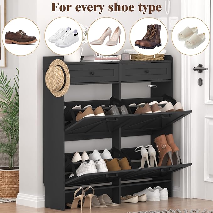 Thacuok Shoe Cabinet with 4 Flip Drawers & 2 Storage Drawers, Rustic Farmhouse Narrow Shoe Organizer Cabinet, Slim Shoe Rack Cabinet, Shoe Storage Cabinet for Entryway, Hallway, Front Door