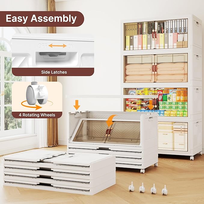 480QT Extra Large Stackable Storage Bins with Lids & Wheels & Door, 120Gal Foldable Collapsible Closet Organizers, Plastic containers drawers for bedroom Dorm