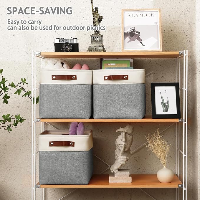 Patvingot Fabric Storage Cubes 11", 6 Pack, with PU Pull Handles,Foldable | For accessories on cube shelves or in closets; reinforced opening, pull-out access, folds flat when empty,white and gray