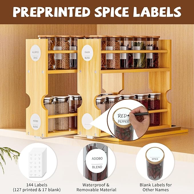Jolitac Bamboo Pull Out Spice Rack for Cabinet, Slide Out Drawers | Space-Saving, Vertical Organization, Easy to Install, 2.3" Wide, 4 Drawers(1.85" Wide), 2-Tier