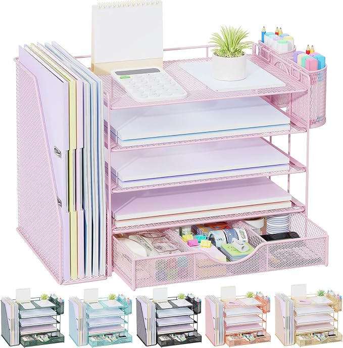 gianotter 5-Tier Desk Organizer with Drawers, File Holders, Letter Trays and Pen Holders - Workspace Accessories for Office Supplies (Pink)