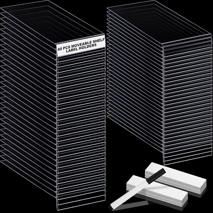 Containlol 60 Sets Moveable Shelf Label Display Holders with Label Inserts and Marker Clear Shelves Tag Plastic Shelf Markers Teachers Gift for Classroom Office Book Shelves(3 x 0.63 Inch)