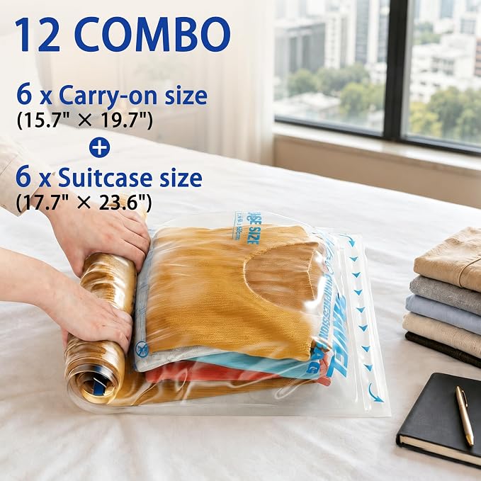 Compression Bags for Travel Essentials, Roll Up Bags No Vacuum Needed | for Cruise Flight, Extra Thick, Luggage Size Carry-on Suitcase Backpack, Waterproof