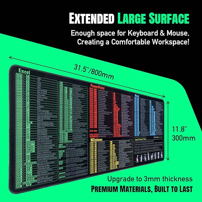 Windows, Word, Excel & PowerPoint Cheat Sheet Desk Pad, Large Mouse Pad, Keyboard Shortcut Desk Mat, Large Matt Desktop for Office Supplies(Win+Office)