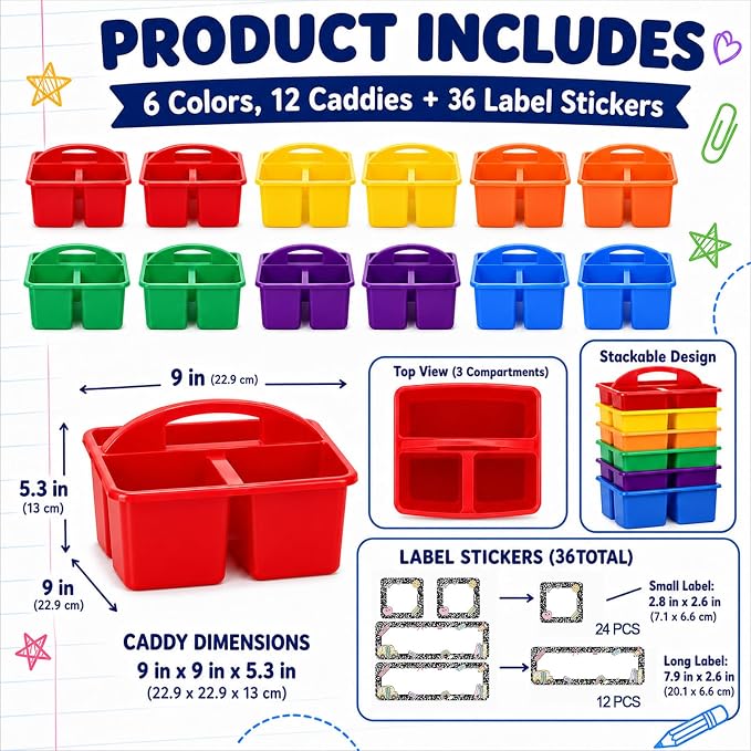 12 Pack Colorful Classroom Caddy Organizer with Composition Notebook Label Stickers 3 Compartments Teacher Supply Storage Caddy Table Caddies Holder for Classroom Desk Office Craft Art School Supplies