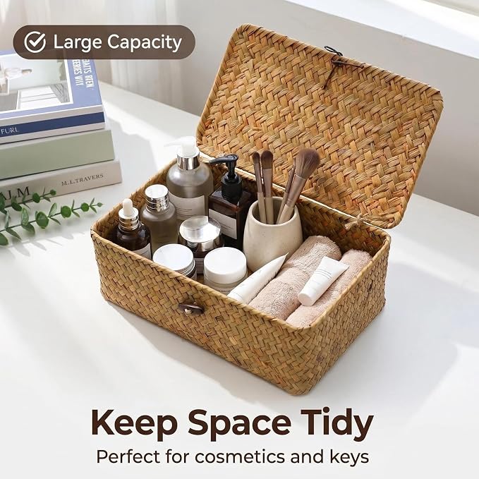 Wicker Handwoven Seagrass Storage Baskets for Organizing With Lids,boho rectangle decorative storage boxes, stackable natural rattan for Shelf,Closet,Bedroom,bathroom,three-piece set