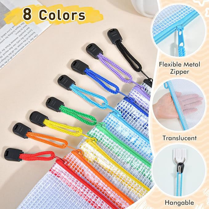 26pcs Mesh Zipper Pouch Bags, 8 Sizes Plastic Zippered Storage Bags for Organizing, Clear Pouches with Zipper, Waterproof Mesh Pouch for Office Supplies, Home Organize, Travel Storage
