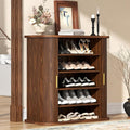 UNIQUITE Shoe Storage Cabinet with Sliding Doors, 5-Tier Wood Shoe Cabinet for Entryway, Adjustable Shelves Freestanding Shoe Organizer with Gold Handle for Hallway, Living Room, Walnut