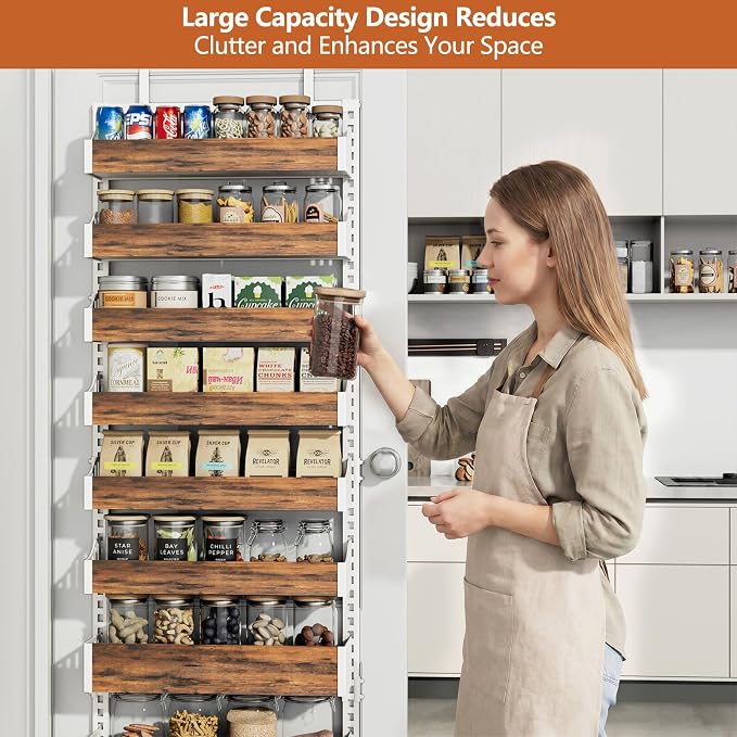 Over the Door Pantry Organizer: Pantry Organization and Storage with Hanging Basket - 9-Tier Metal Spice Rack Adjustable Shelves for Kitchen Bedroom Bathroom & Laundry Room White