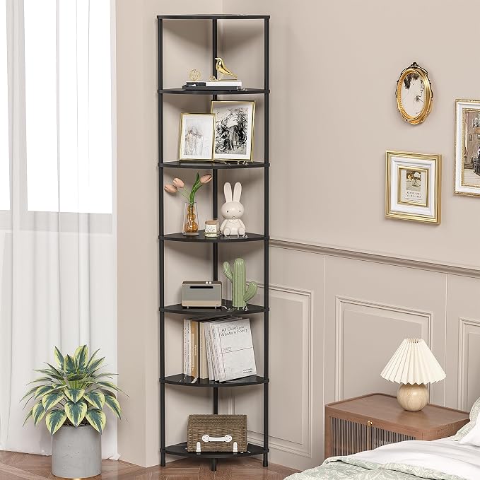 Book Corner Shelf, 7 Tier Corner Bookshelf Display for Living Room Decor, 64.7" Standing Shelf Bookcase Organizer, Marble Black Storage Shelves for Bedroom, Bathroom, Small Space