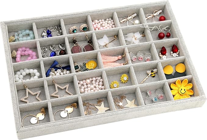 Stratalife 30 Grid Jewelry Organizer Tray, Stackable Drawer Earring Organizer with Adjustable Dividers, Jewelry Display Tray for Necklace Earring Ring Bracelet, 13.8" x 9.4" x 1.2", Grey