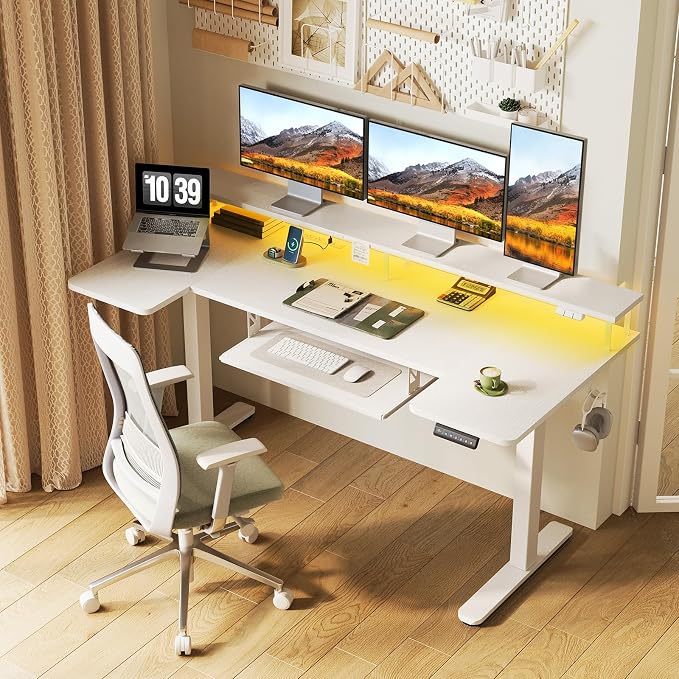 OffiGo 63 Inch U Shaped Electric Standing Desk with Keyboard Tray, White | 3 Outlets & 2 USB Ports, Dual-Monitor Stand, 10 Colors & 10 LED Modes, 3 Presets, 28.3"-46.5"in Range, 154 lb Capacity